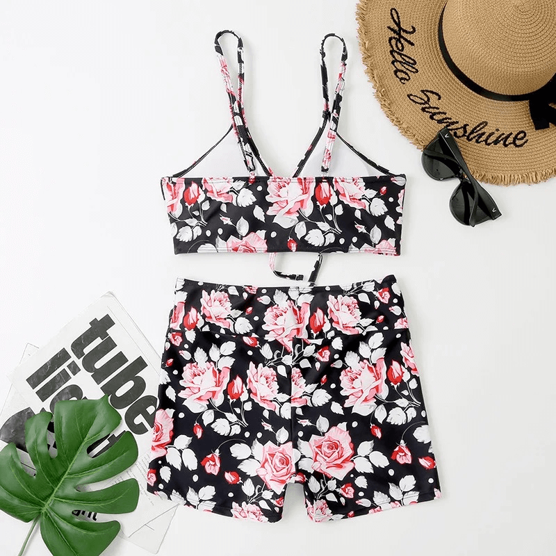 Women's flower print two-piece bathing suit with hat and sunglasses, perfect for summer style and beach fun - SF1866